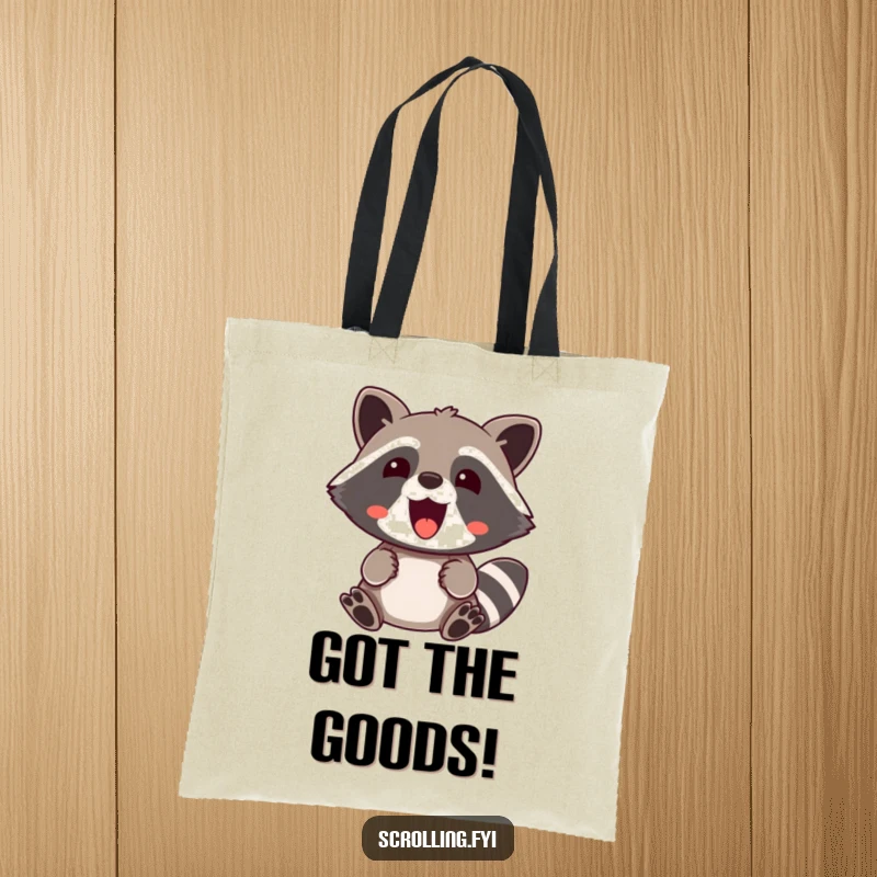 Funny Tote Bag: A jovial raccoon’s wide-eyed, delighted reaction to something wonderful, perfect for stylish carrying.