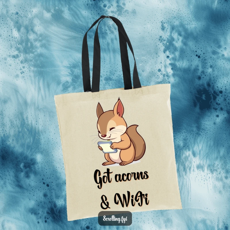 Funny Squirrel Tote Bag with a curious squirrel intently staring at its glowing handheld device, a humorous depiction of phone addiction.