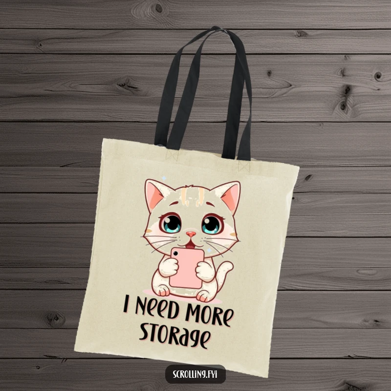 Funny Cat Tote Bag: Durable tote featuring a surprised cat with wide eyes looking at a phone, perfect for everyday humor, gift.