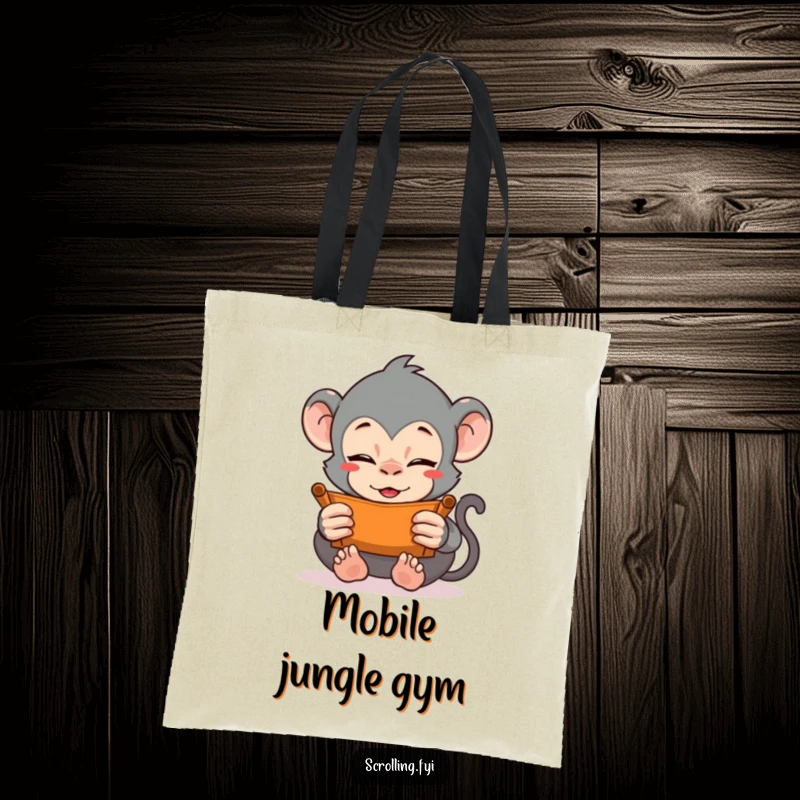 Funny tote bag showing a monkey vigorously scrolling with both hands, perhaps on a phone. Perfect for carrying daily items with a humorous twist.