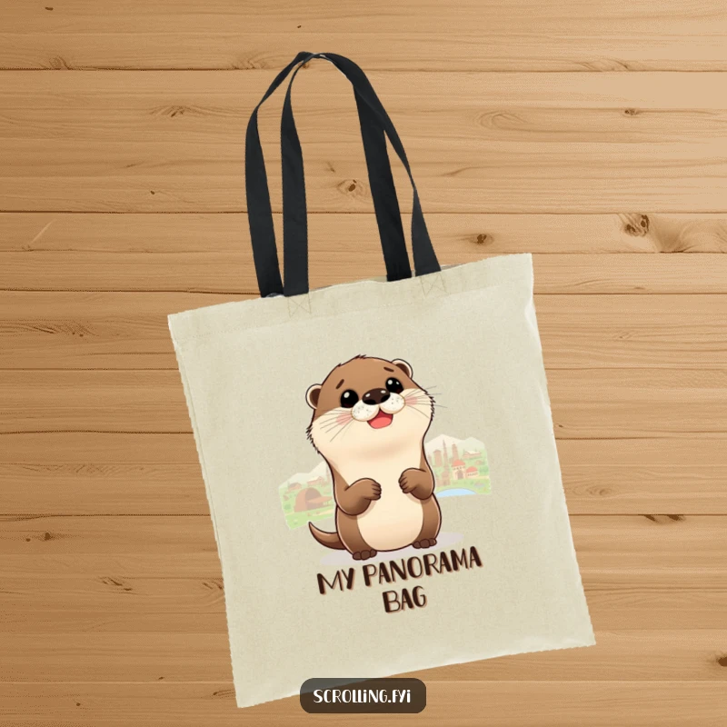 Funny Otter Tote Bag showing a delighted otter zooming out to see a whole panorama, perfect for carrying essentials.